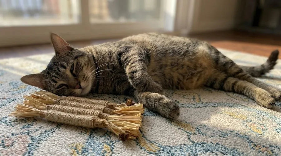 Gato relajado junto a palitos de silvervine